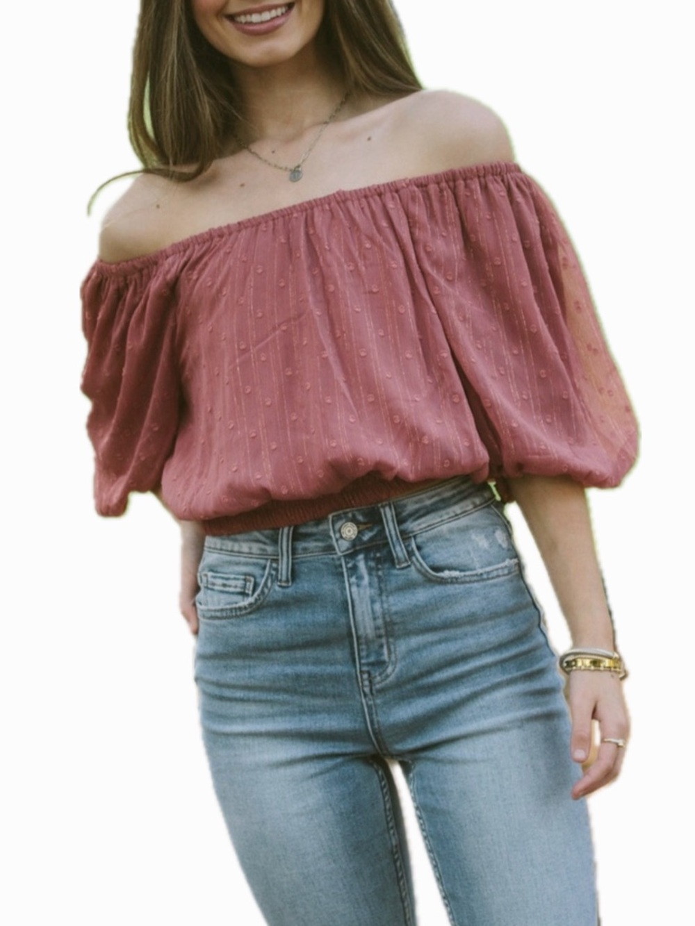 BY THE RIVER WOMEN S ROSE PINK SMOCKED CROP SWISS DOT VERSATILE BLOUSE NWT